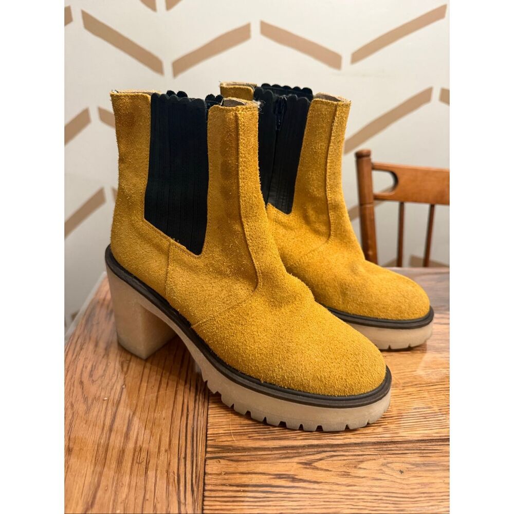 Free People Mustard Yellow Suede Zip Chunky Heeled James Chelsea Boots Size 38